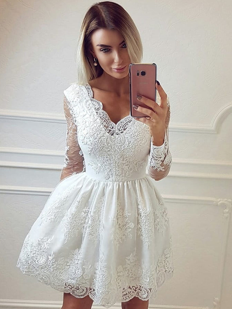 Long Sleeves Short White Lace Prom ...